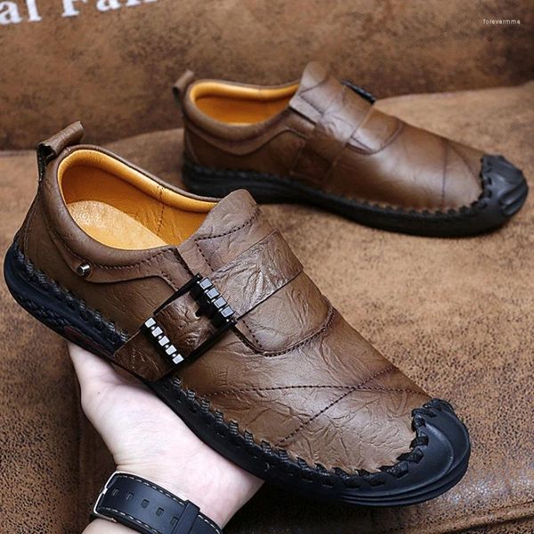 Chaussures décontractées en cuir à la main Spring masculin grande taille Flats Boucle de courroie peu profonde bouche légère légère sur mots zapatos de hombre