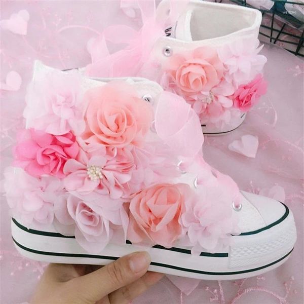 Chaussures décontractées faites à la main femmes haut haut toile rehaussant la semelle épaisse dame filles étudiants mode rose rose fleurs baskets de créateurs