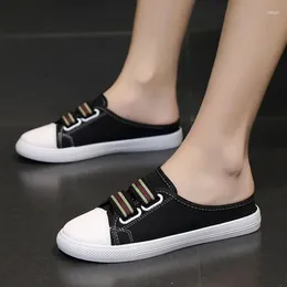 Chaussures décontractées Houssouches Lazy Summer Femelle Half Drag Baotou Canvas Flat Elastic Elastic Exter Phelpers For Women 2024 Fashion Design