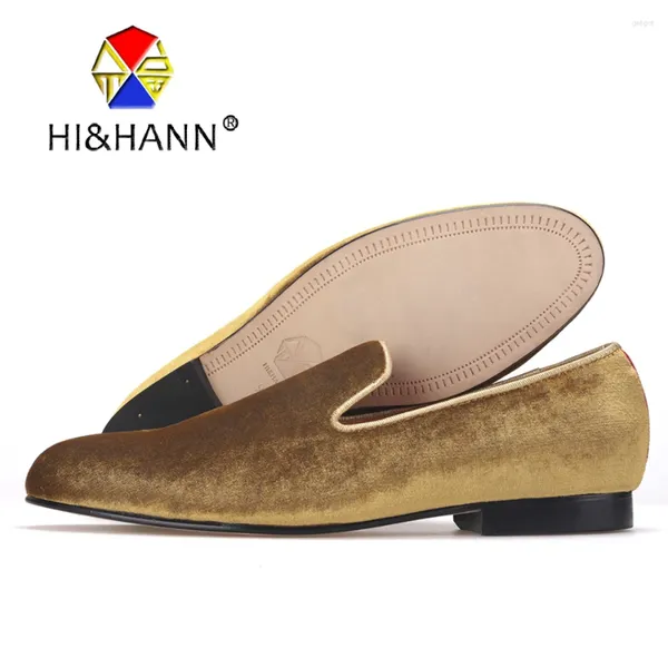 Chaussures décontractées HIHANN Classique et fabriqué à la main Pantoufles de fumer Hommes Luxueux Velours d'or avec semelle extérieure en cuir véritable Mocassins de bal