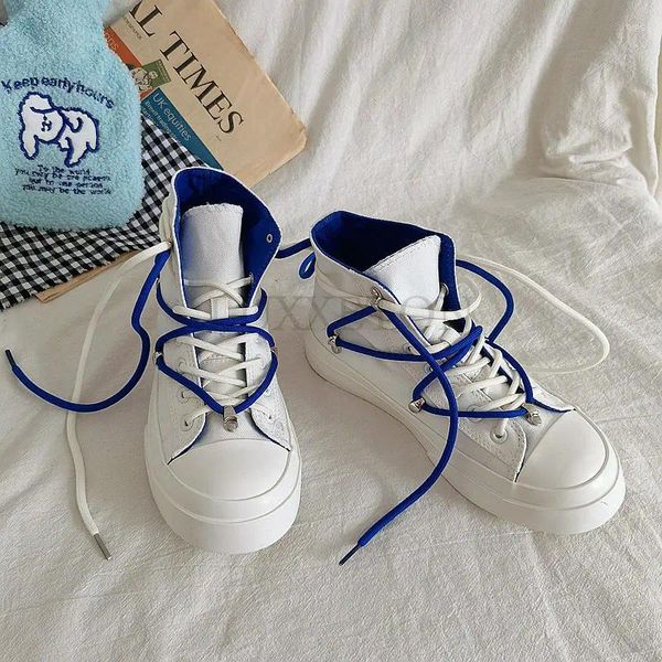 Zapatos informales Plataforma alta lienzo plano Blue White White White Vulcanize zapatillas de caucho Harajuku