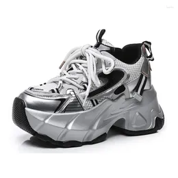 Casual schoenen Hoge kwaliteit 8 cm Luchtmesh Echt lederen sandalen Zomer Hollow dikke sneakerplatform Wedge Women Comfy Vulcanisize