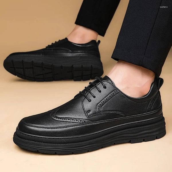 Zapatos informales de marca de alta calidad para hombre, ropa de trabajo de suela gruesa de cuero genuino, con cordones, formales para banquetes de negocios