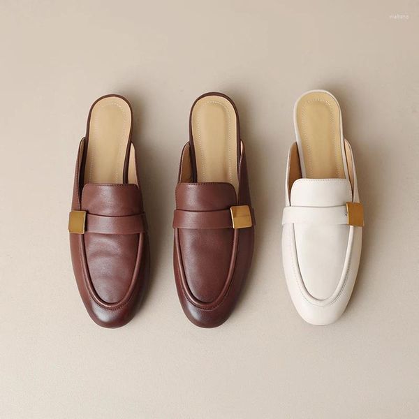 Chaussures décontractées de haute qualité en cuir authentique plat 2024 Fashion Spring Single Single Shoe Slippers Lazy Muller