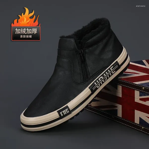Chaussures décontractées bottes montantes en cuir britannique pour vêtements pour hommes avec isolation en peluche et fermeture éclair face vers vulcanisé 2024