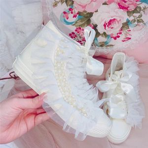 Chaussures décontractées High Top Luxury Canvas for Women Flats Mandis White Pearl Ladies Sneakers Fashion Food Farty Mariage Shoe