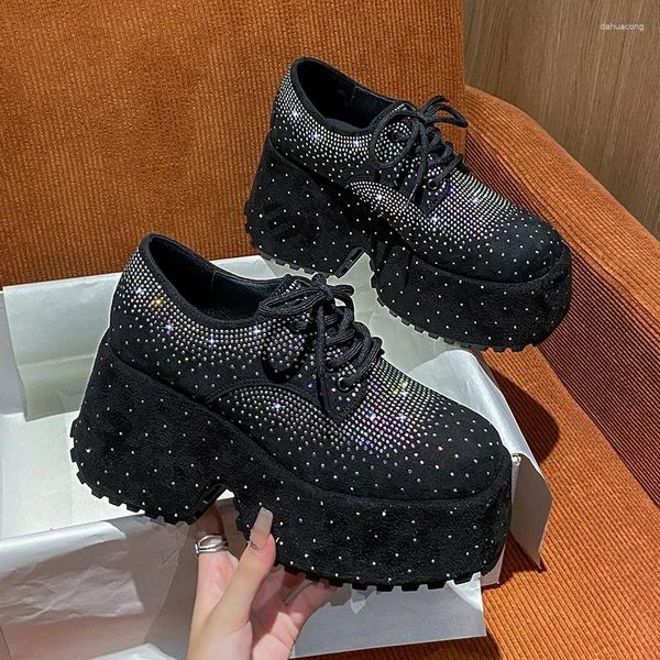 Chaussures décontractées haut printemps noir femmes Style mode 9.5CM plate-forme plates-formes baskets marée brillant Bling strass