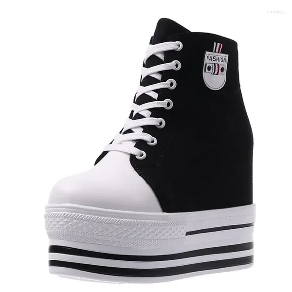 Zapatos informales HighTop de lona de otoño, zapatillas de plataforma vulcanizadas, zapatillas de deporte negras para mujer, tacón grueso, moda blanca de 11cm