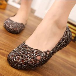 Casual schoenen Hollow Out Round Toe PVC Ballet Flats vrouw ondiepe slip op jelly sandalen schitterende goudpoeder gesneden ballerina dames2024