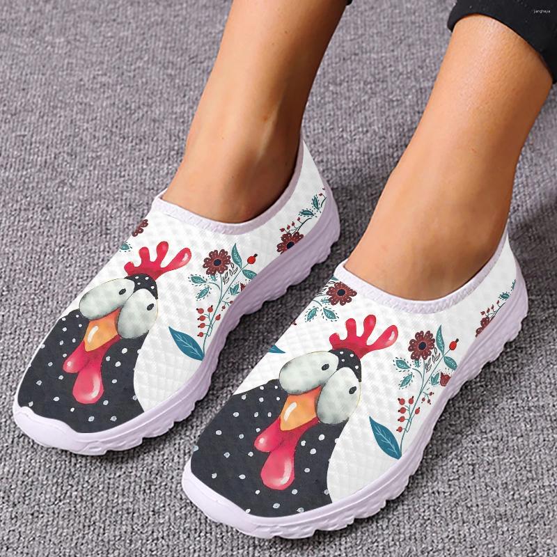 Sıradan ayakkabılar komik karikatür horoz/tavuk baskısı kadın mokasenler çiçek beyaz yaz örgü zapatos planos