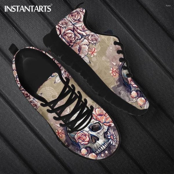 Chaussures décontractées Instantarts Retro Floral Skull Imprimé rond Toe Walking Tennis Sneakers pour femmes Mentes Légères légères Flat Zapatos