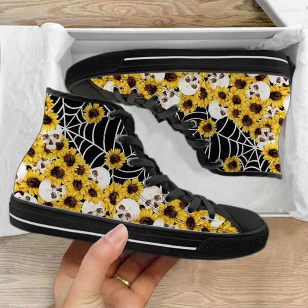 Zapatos informales instantáneos a la moda 2024, zapatillas de deporte antideslizantes con estampado de calavera y girasoles de lona de alta calidad para hombre, regalos para patineta