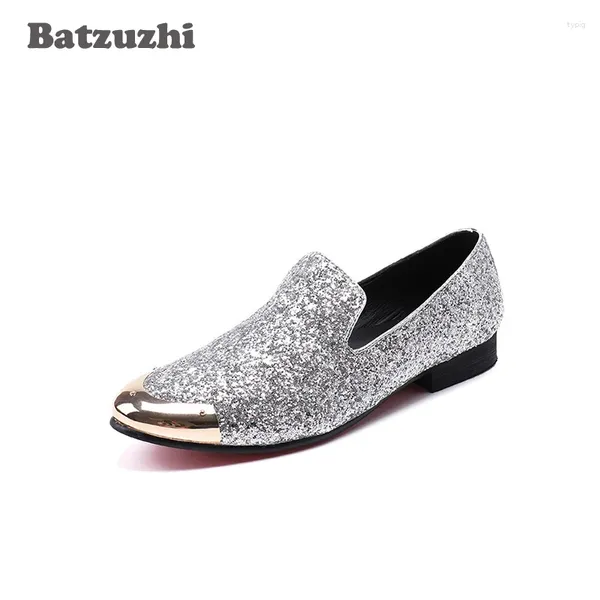 Zapatos informales Marca de moda italiana Hombres Gold Metal Flats Vestido Silver Glitter Cuero Negocio y fiesta