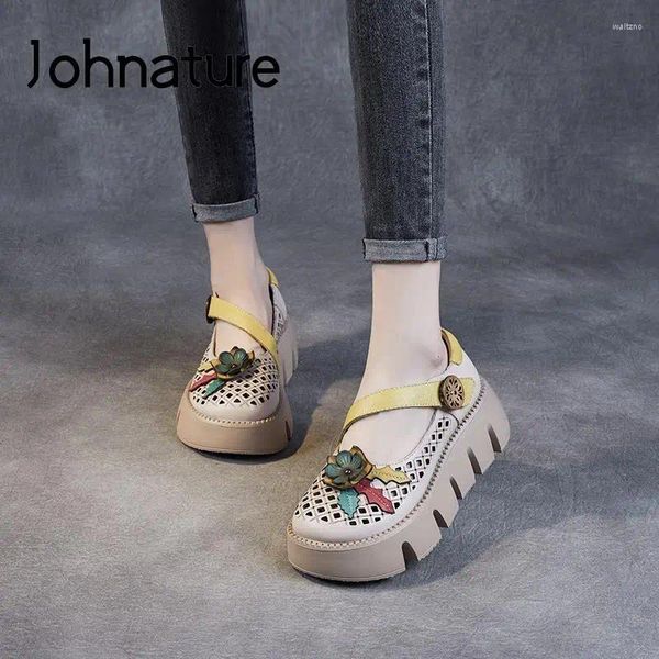 Chaussures décontractées Johnature 2024 Couleur de fleur assorties creux en cuir authentique rond rond ToeCofortable Foot Femme Plataform Shoe