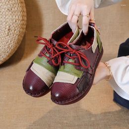 Casual schoenen Johnature etnische stijl gemengde kleuren echt lederen plat 2024 zachte zool ronde teen veter dames