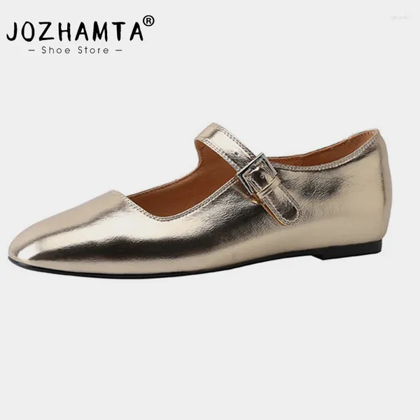 Chaussures décontractées Jozhamta Taille 33-41 Femmes Ballet de luxe Flats en cuir réel Metallic Silver Gold Talons bas pour la femme Daily Mary Jane