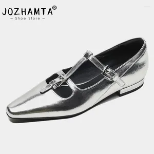 Casual schoenen Jozhamta Maat 34-39 Vrouwen flats echt leer T-band dikke lage hakken lente 2024 Ins Silver Daily Loafers