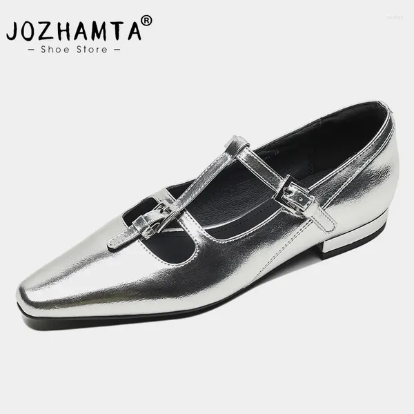 Chaussures décontractées Jozhamta Taille 34-39 femmes appartements réels en cuir t-bunky talons bas printemps 2024 INS Silver Daily Mood