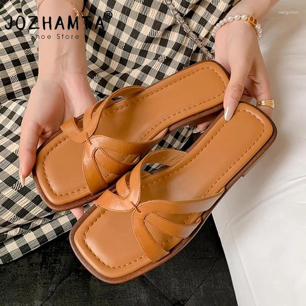 Chaussures décontractées Jozhamta Taille 34-40 Femmes Sandales Sandales Gétille en cuir doux Low Talons Summer Beach Home House Slippers Outdoor