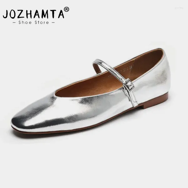 Chaussures décontractées Jozhamta Taille 34-43 Femmes Ballet Flats Soft Real Leather 2024 Ins Silver Buckle Sangle Low Talons Robe de mariée