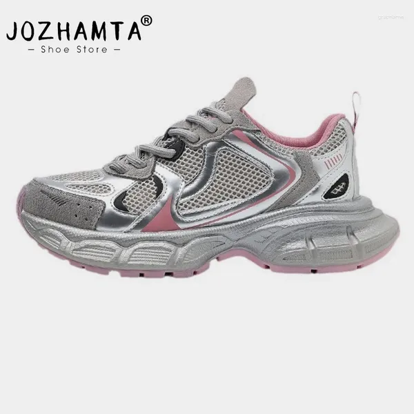 Chaussures décontractées Jozhamta Taille 35-40 baskets roses pour femmes hautes talons en cuir en cuir plate-forme de maillage Ins 2024 Tennis Athletic
