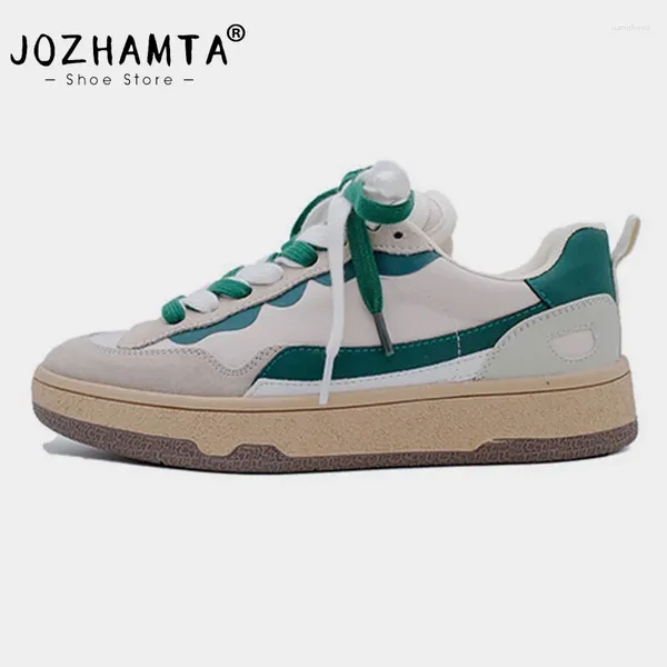 Zapatos informales JOZHAMTA talla 35-40 zapatillas de deporte para mujer pisos de cuero Real metálico plateado dorado con cordones tenis elástico atlético