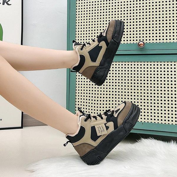 Zapatos informales de algodón caqui para mujer, tablero alto de terciopelo de invierno, versátil, estudiante, Instagram, zapato de suela gruesa a la moda, 2024