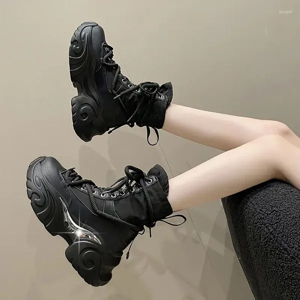 Zapatos informales coreanos para mujer, Botas cortas con parte inferior gruesa, Botas altas de lujo para mujer, Botas de motocicleta con cordones de Color sólido