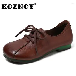Casual schoenen Koznoy 1,5 cm zachte comfortabele veter vintage etnische handmatige hechting echt lederen zomer vrouwen