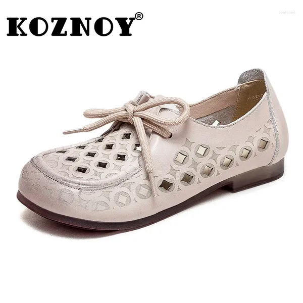 Zapatos informales Koznoy 2.5cm Vacacas de cuero genuino Summer Sandalias huecas cómodas Slip on Appliques Diseñador Damas Oxfords