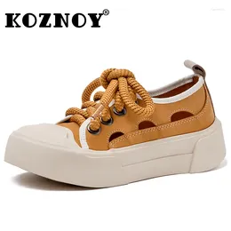 Casual schoenen Koznoy 3cm damesplatform dikke duikige sneakers zomer koe echte lederen wig comfortabele vulcanise sandalen skate boarding holle