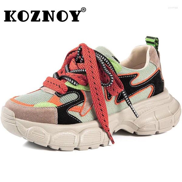 Zapatos informales Koznoy 4.5cm de malla de aire de cuero Mujeres de piel de cerdo gruesas botas de tobillo de primavera de primavera