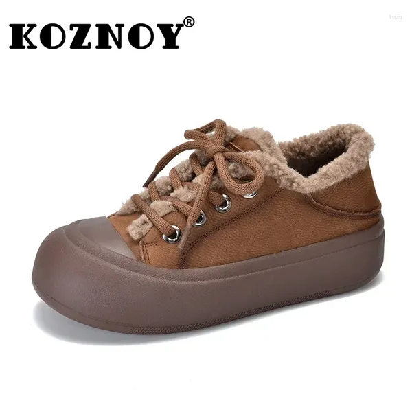 Chaussures décontractées Koznoy 4cm vache daim véritable cuir automne hiver femmes confortables appartements mocassins à lacets en peluche chaude femme plate-forme coin