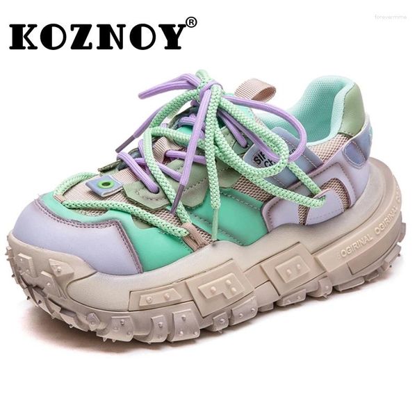 Zapatos casuales Koznoy 5 cm Air Mesh Cow Suede Cuero genuino Vulcanize Pils Mules Plataforma de lujo Cuña Verano Chunky Sneaker Botas de mujer