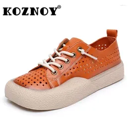 Zapatos informales Koznoy Openwork 3 cm Toe cuadrado de cuero genuino Vulcanize Plataforma Flat Women Summer Flofer High Brand Hollow Fashion