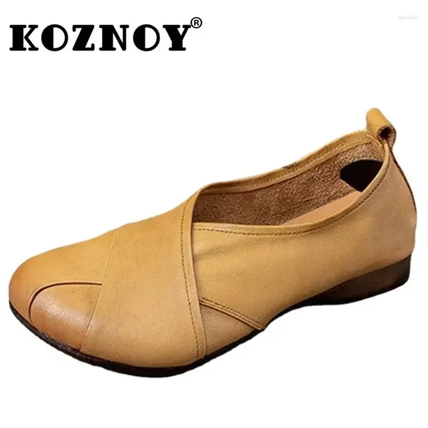 Zapatos casuales Koznoy Mujeres mocasins 2 cm vaca natural de cuero genuino verano de platos retro suaves mocasines cómodos damas