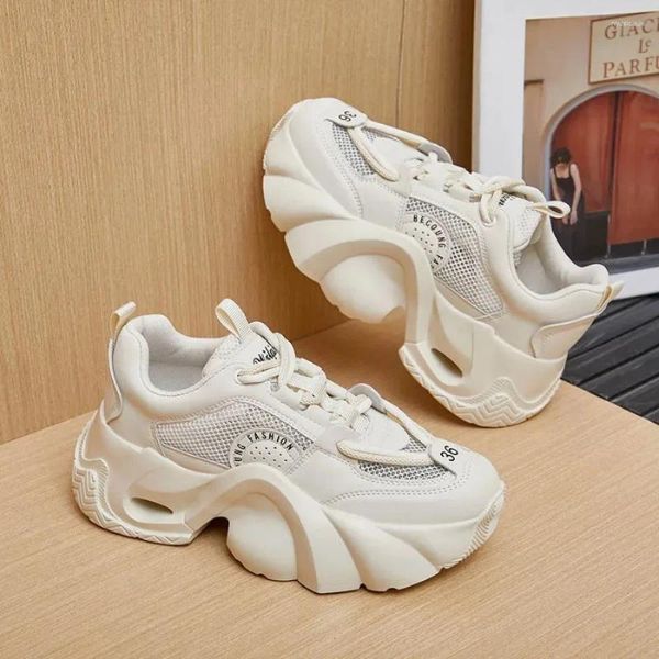 Zapatos informales Krasovki 6 cm Mesh de cuero genuino Toboganes Summer Hollow Sneaker Plataforma transpirable Sandalias cómodas de mujeres cómodas