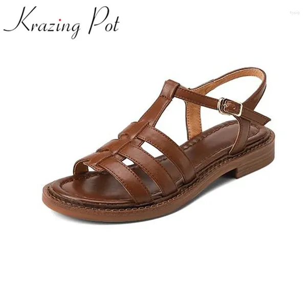 Chaussures décontractées krazing pot vache en cuir loisir formel peep toe gladiator estival de style protège-boucle de style épais talons bas sandales rétro