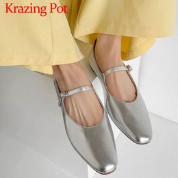 Casual Shoes Krazing Pot Full Grain Leather Round Toe Women Spring Modern Simple Mature Buckle Straps Summer Fashion Mary Janes Ballet Flats