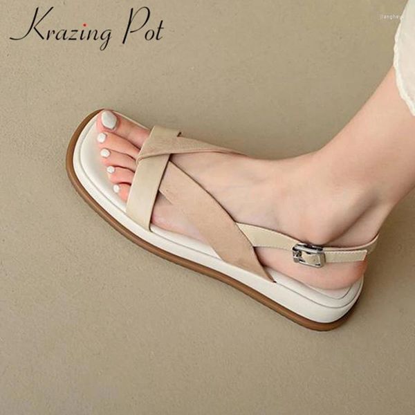 Zapatos casuales Krazing Pot Cuero genuino Peep Toe Hebilla Correas Plataforma Verano Diseño conciso Diseñador europeo Ocio Sandalias de mujer