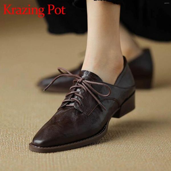 Zapatos informales Krazing Pot Ins Cuero de oveja Tacones bajos Primavera con cordones Punta redonda Brogues Mujer Oficina Señora Lujo Boca profunda Marca Ocio