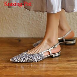 Chaussures décontractées Krazing Pot Cuir naturel Toe pointu talons bas Slip on Slingback Squin Cloth Bling Design Bling Sandal Sandals Sandales Sandales