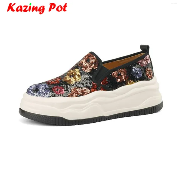 Krazing Pot – chaussures décontractées en tissu pailleté, cuir naturel, semelle épaisse, baskets à enfiler, mocassins vulcanisés pour femmes