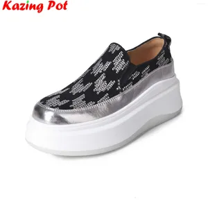 Casual schoenen Krazing Pot Sheep Suede Bling High Heel Platform Slip op Sneakers Dress Comfort Loafers Runway Women Vulkanised