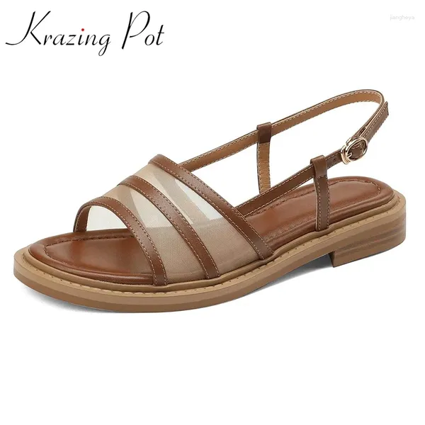 Chaussures décontractées Krazing Pot Split Cuir Peep Toe Talon Bas Été Rétro Mode Jeune Dame Streetwear Boucle Sangle Femmes Sandales L86