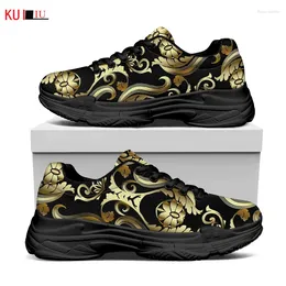 Chaussures décontractées Kuiliu Fashion Golden Floral 2024 Automn Track Femmes Platform Flat Platform Sneaker Augmentation des dames Mesh respirant