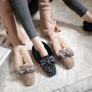 Casual Schoenen Kant Strik Knoop Bont Flats Dames Parel Kralen Harige Mocassins 34-43 Plus Size Katoen Pluche Winter Vrouw Loafers