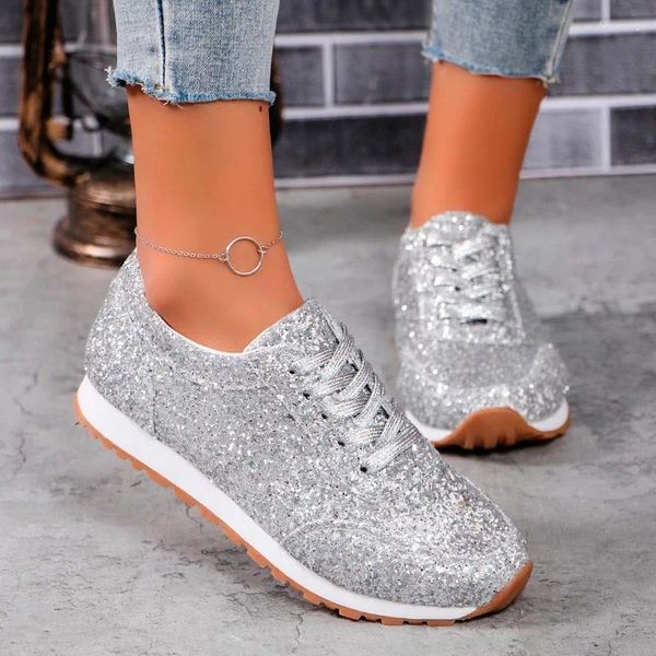 Chaussures décontractées à lacets PU Vulcanisé baskets solides Bling dames en vente 2024 Marque plate avec orteil rond printemps / automne