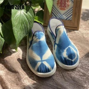 Zapatos informales Damas de tela a mano Tie-dye de algodón teñido de índigo Melaleuca Hecho a mano Suele suave y transpirable zapato plano suave y transpirable