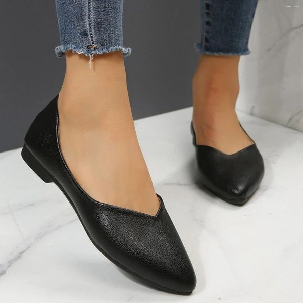 Chaussures décontractées dames mode couleur solide cuir pointu peu profond confortable zapatos para mujeres